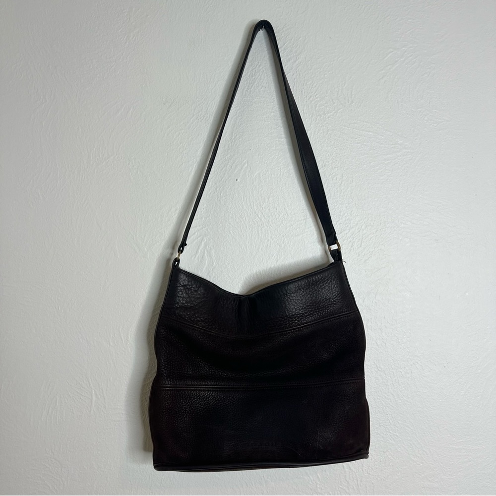 Vintage Coach Dark Brown Suede Leather Shoulder Bag with Brass Hardware